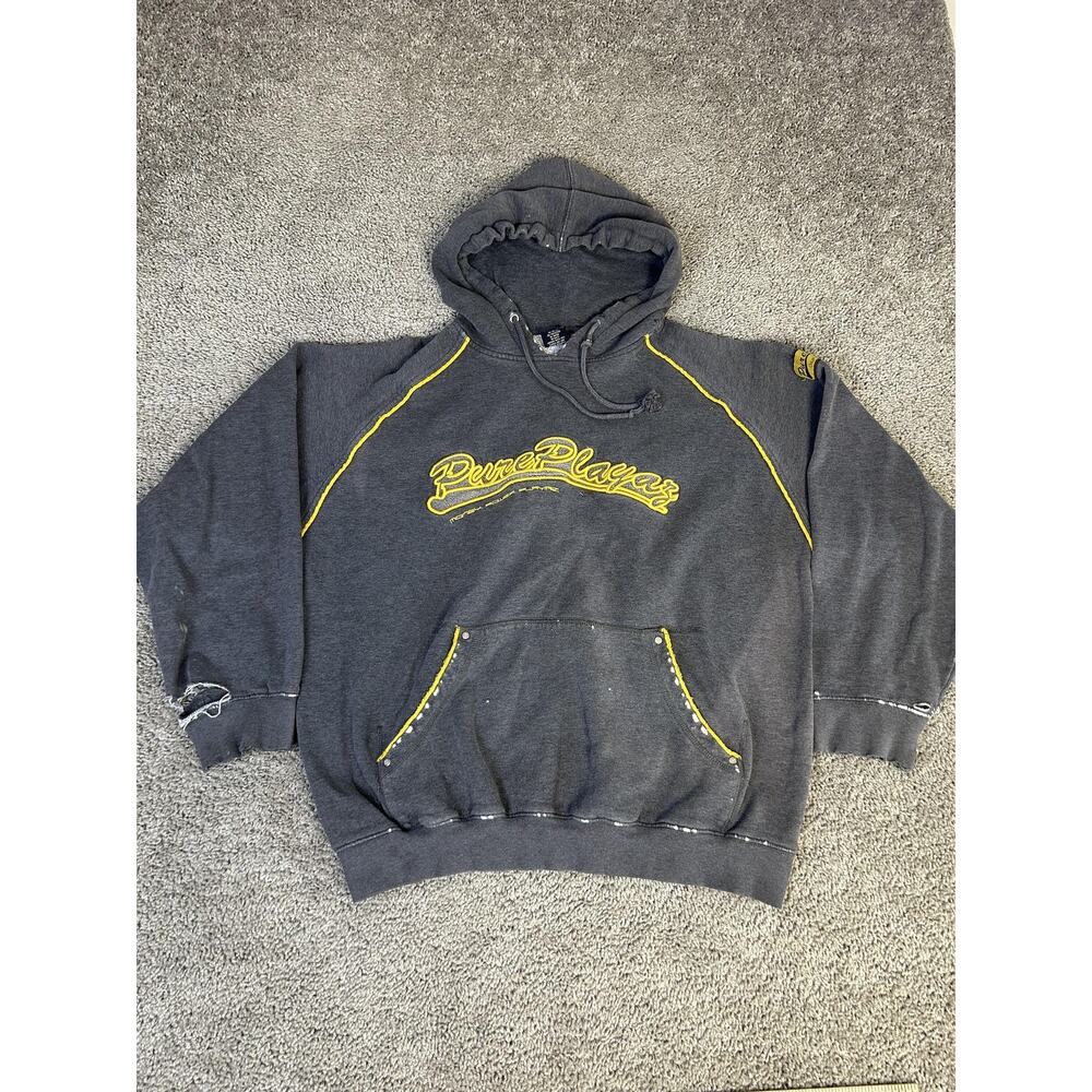 Vintage PURE PLAYAZ Hoodie Mens L Gray Pullover Hooded Distressed Embroidered